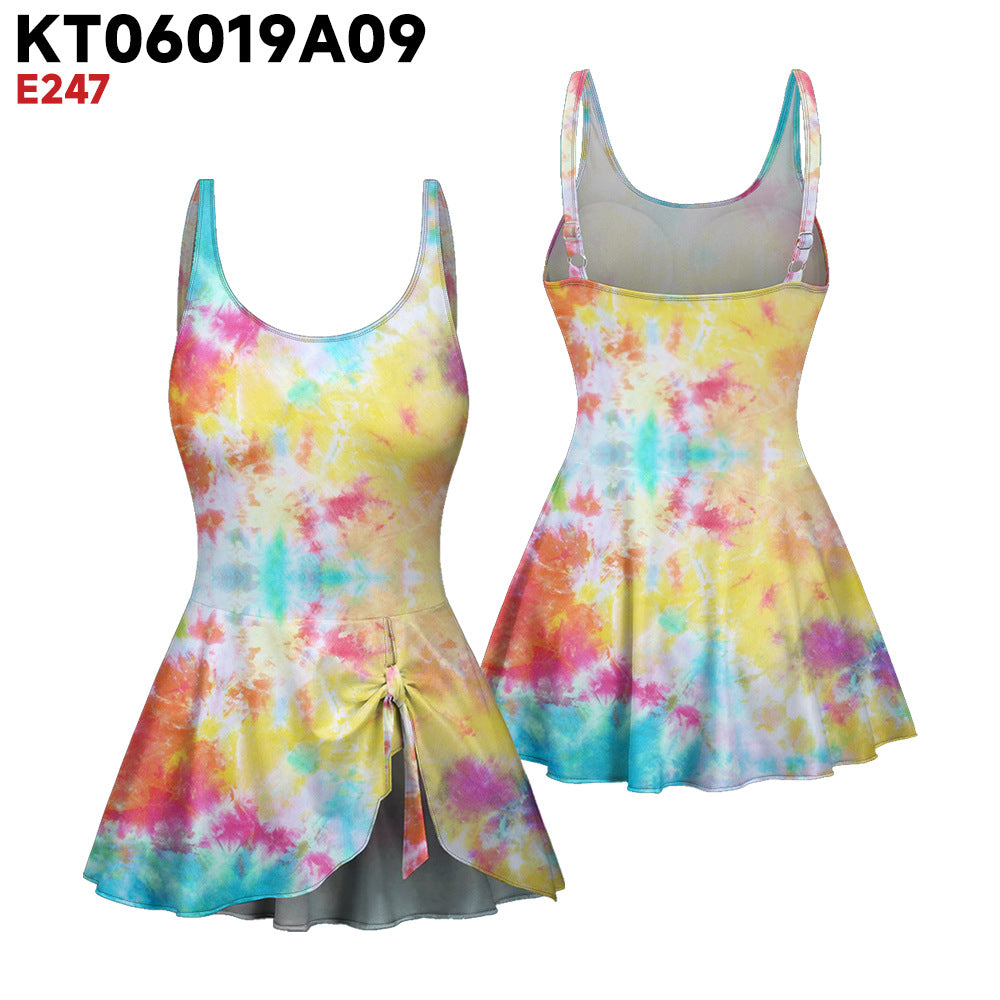 Womens Tie-Dye 3D Floral One-Piece Swimsuit