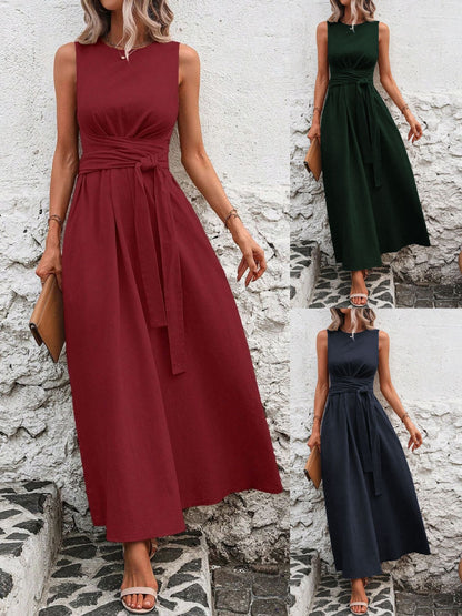 Womens Tie-Waist Sleeveless Ice Silk Dress