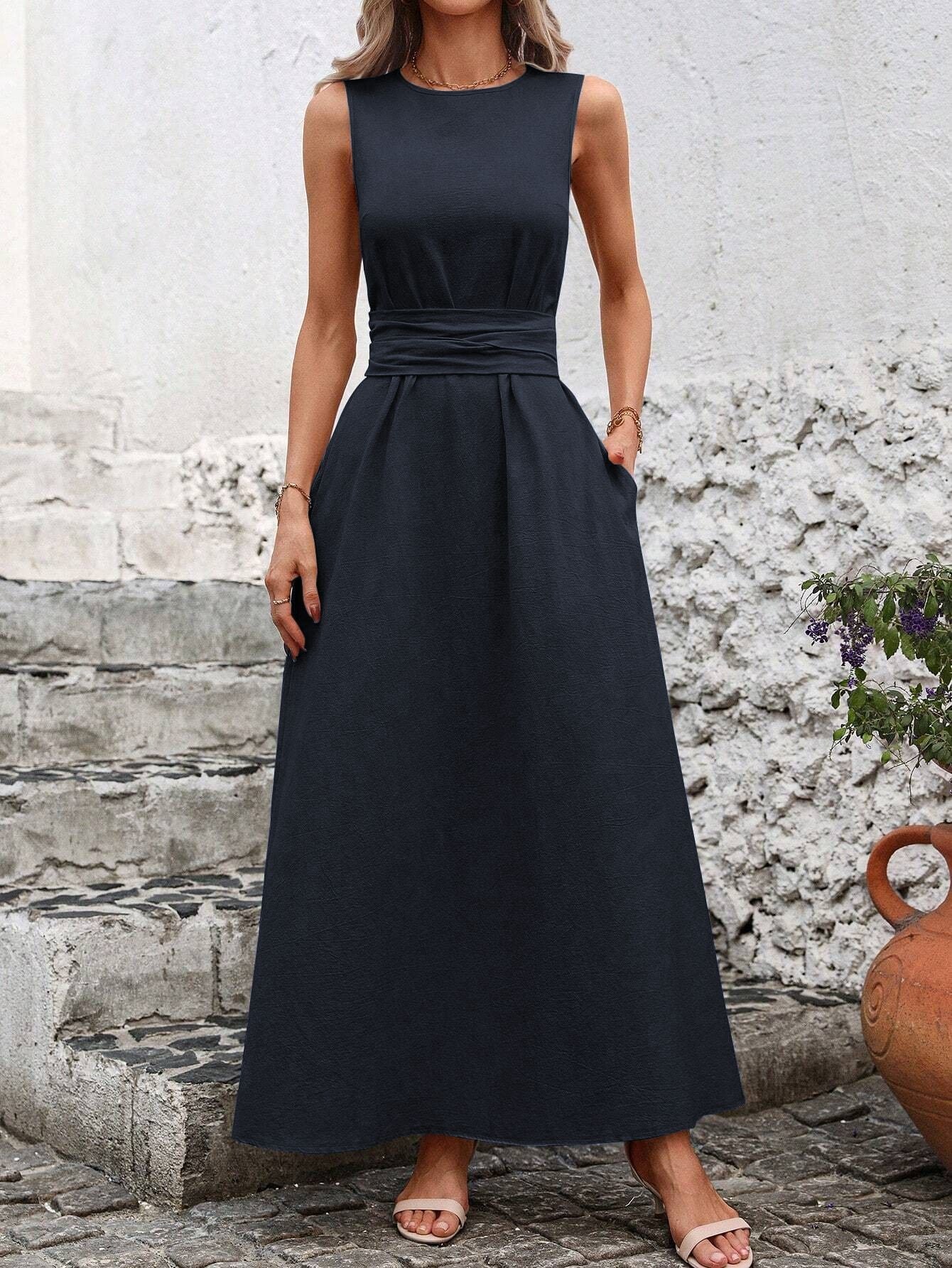 Womens Tie-Waist Sleeveless Ice Silk Dress