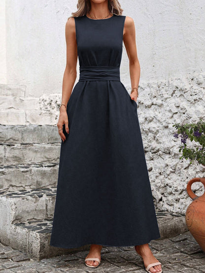 Womens Tie-Waist Sleeveless Ice Silk Dress