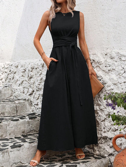 Womens Tie-Waist Sleeveless Ice Silk Dress