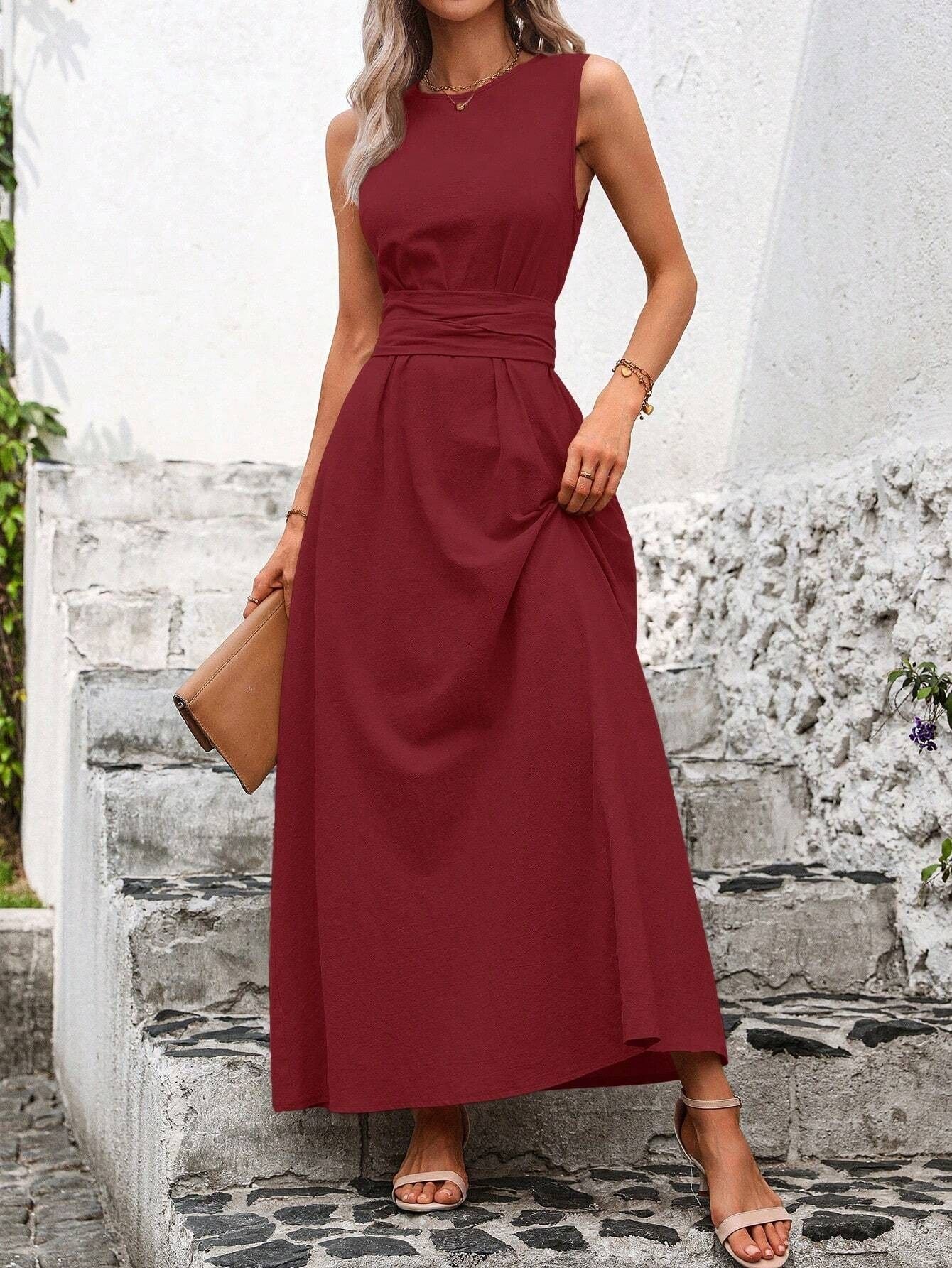 Womens Tie-Waist Sleeveless Ice Silk Dress