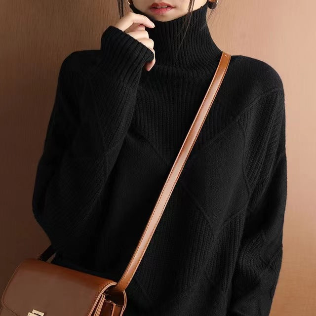 Womens Turtleneck Knit Top Thickened Spliced Loose Fit Sweater
