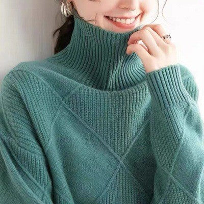 Womens Turtleneck Knit Top Thickened Spliced Loose Fit Sweater