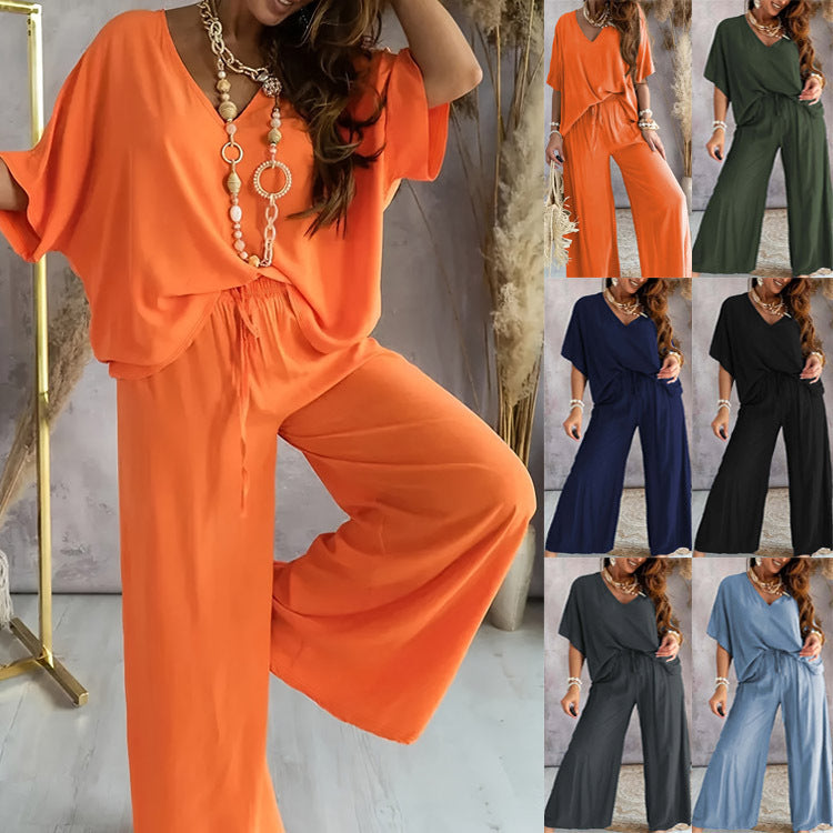 Womens V-Neck Bat Sleeve Wide Leg Pants Suit