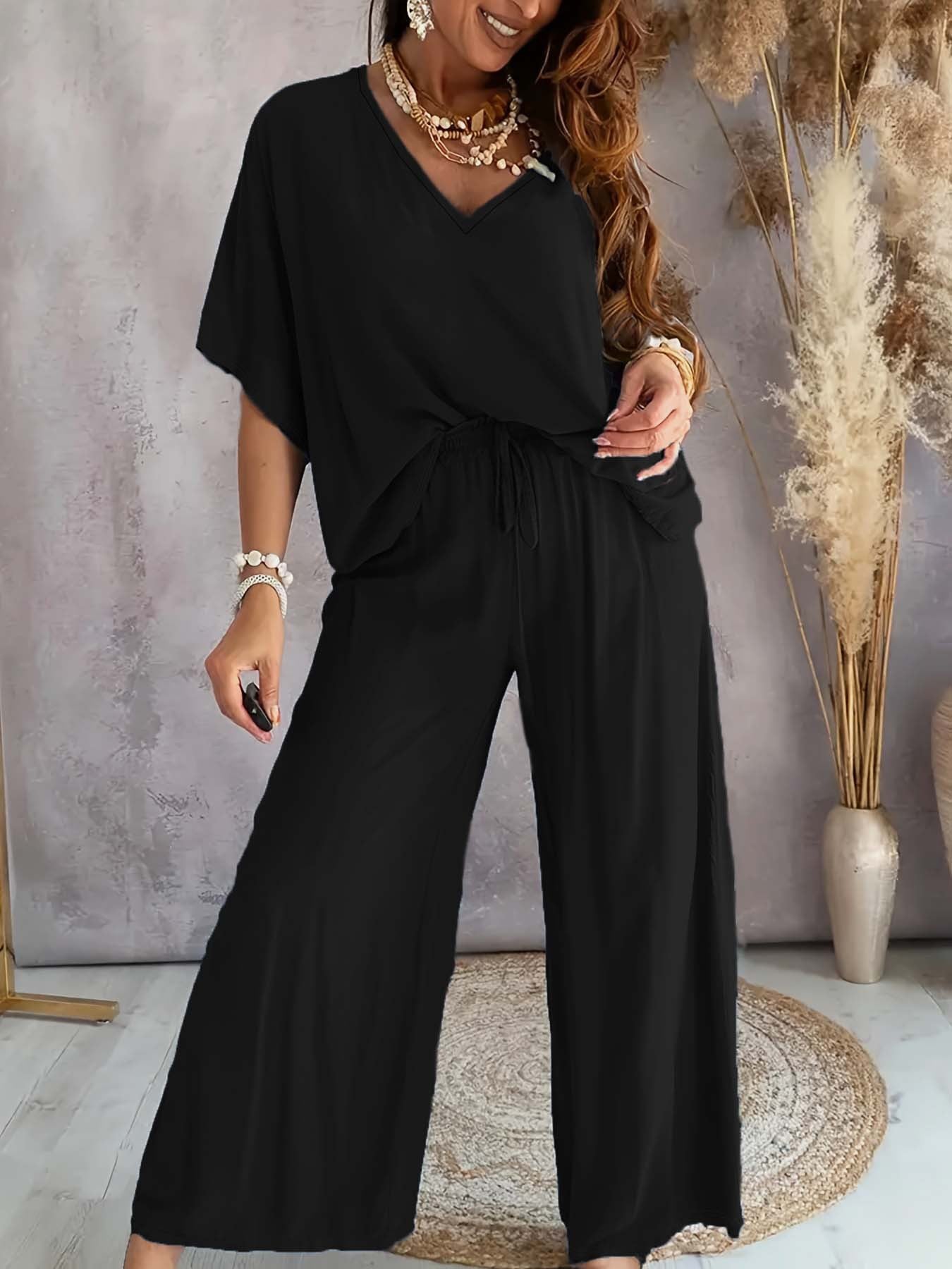 Womens V-Neck Bat Sleeve Wide Leg Pants Suit