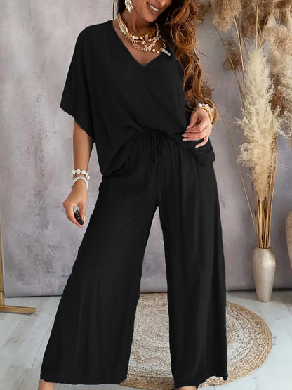 Womens V-Neck Bat Sleeve Wide Leg Pants Suit
