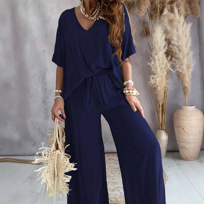 Womens V-Neck Bat Sleeve Wide Leg Pants Suit