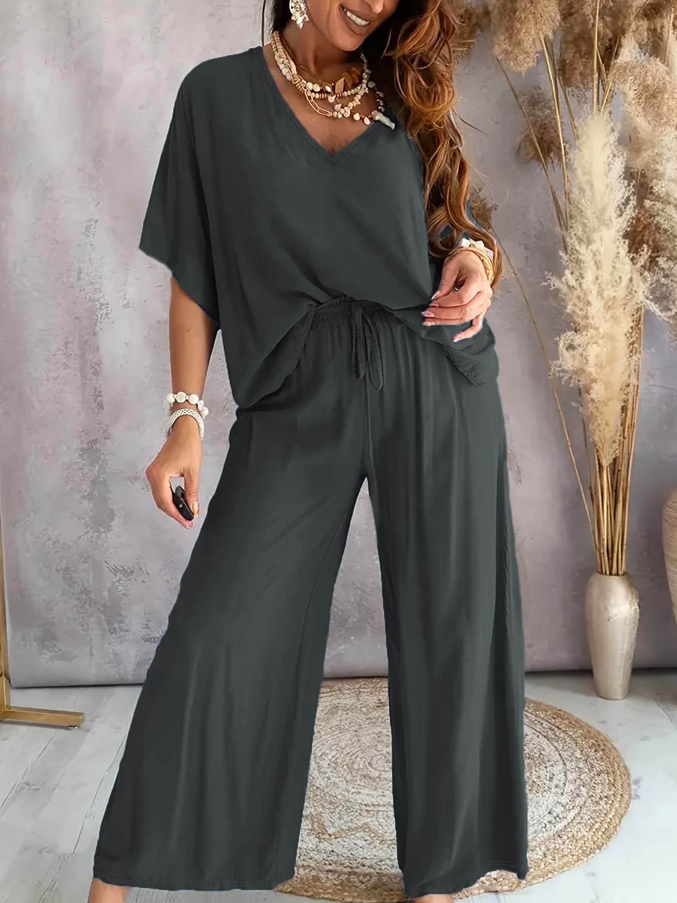 Womens V-Neck Bat Sleeve Wide Leg Pants Suit