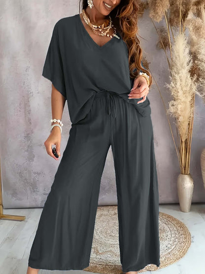 Womens V-Neck Bat Sleeve Wide Leg Pants Suit
