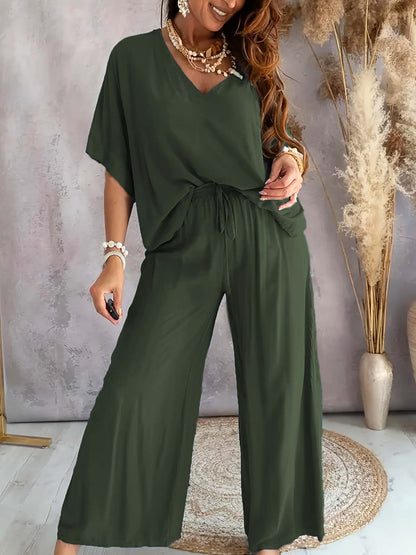 Womens V-Neck Bat Sleeve Wide Leg Pants Suit