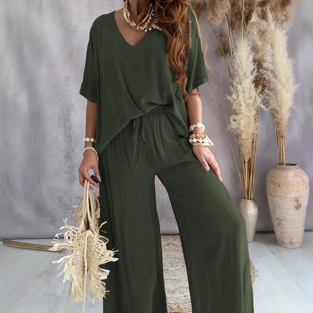 Womens V-Neck Bat Sleeve Wide Leg Pants Suit