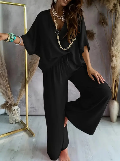 Womens V-Neck Batwing Sleeve Wide-Leg Pants Set