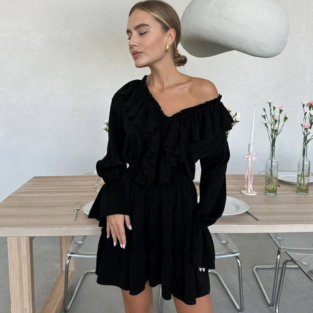 Womens V Neck Bell Sleeve Ruffled Dress