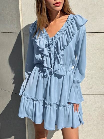 Womens V Neck Bell Sleeve Ruffled Dress
