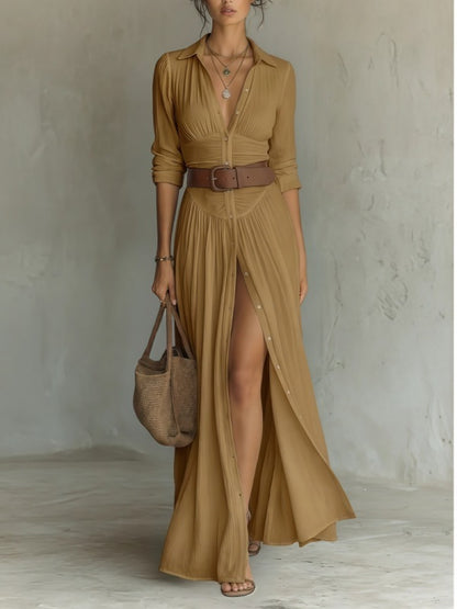 Womens V-Neck Belted Shirt Dress