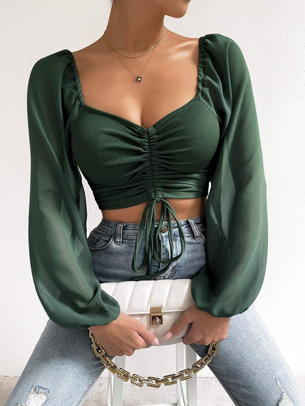 Womens V-Neck Chiffon Blouse with Lantern Sleeves