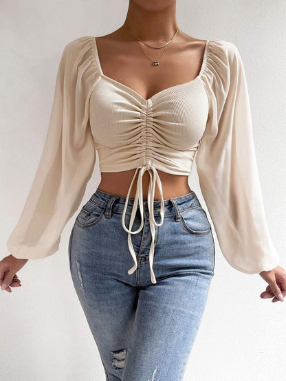 Womens V-Neck Chiffon Blouse with Lantern Sleeves