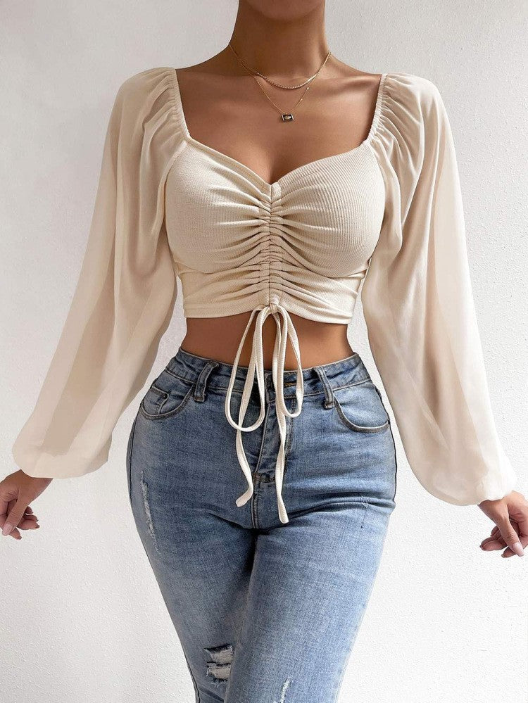Womens V-Neck Chiffon Blouse with Lantern Sleeves