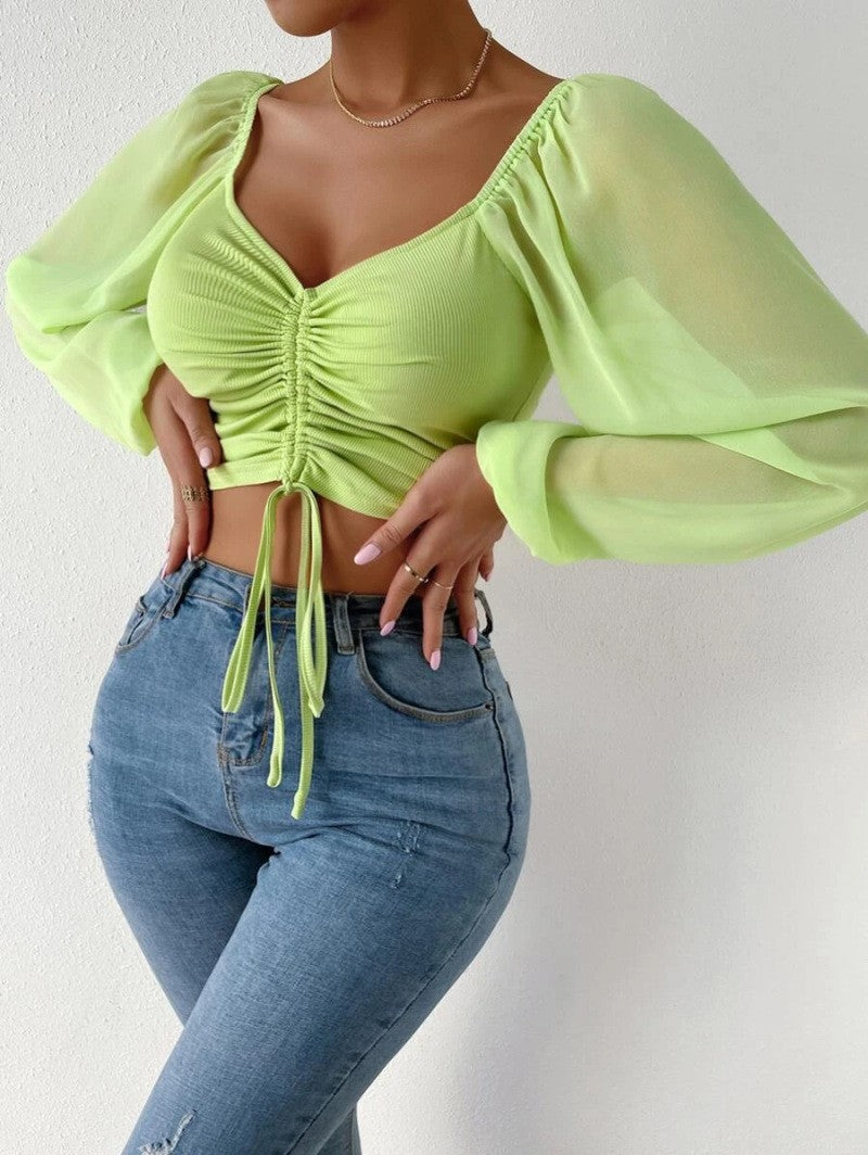 Womens V-Neck Chiffon Blouse with Lantern Sleeves