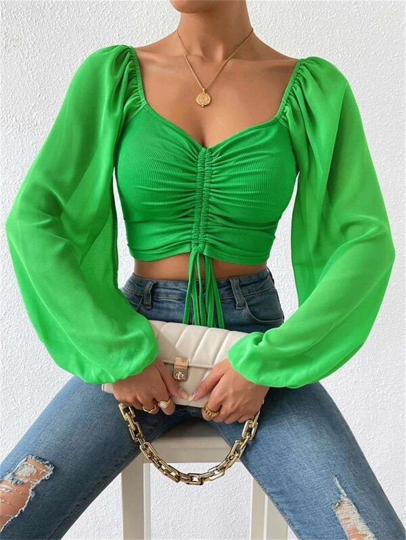 Womens V-Neck Chiffon Blouse with Lantern Sleeves
