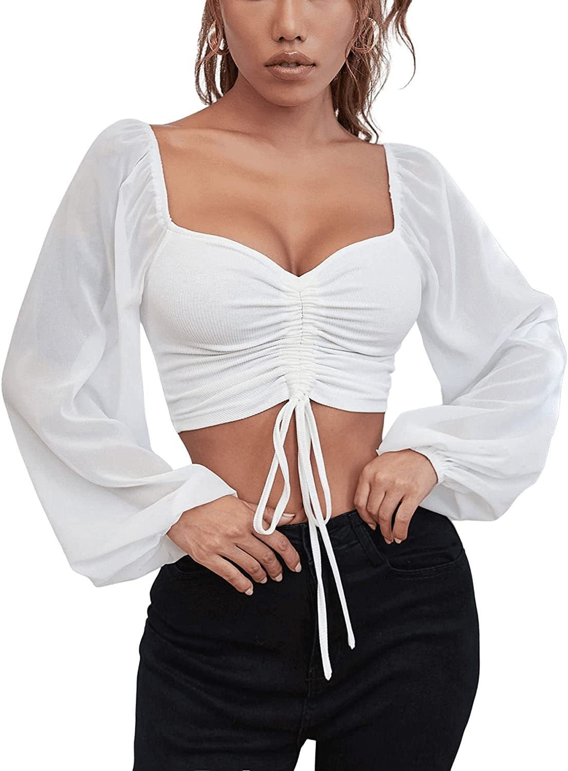 Womens V-Neck Chiffon Blouse with Lantern Sleeves