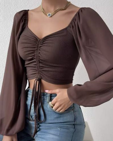 Womens V-Neck Chiffon Blouse with Lantern Sleeves