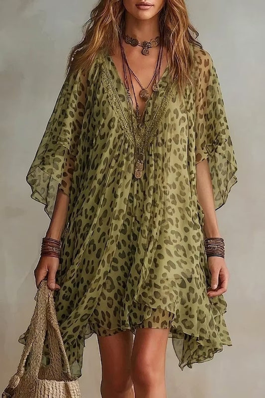 Womens V-Neck Chiffon Dress Leopard Print Beach Dress