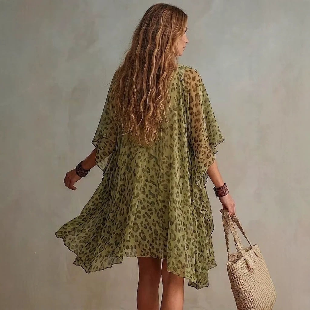 Womens V-Neck Chiffon Dress Leopard Print Beach Dress