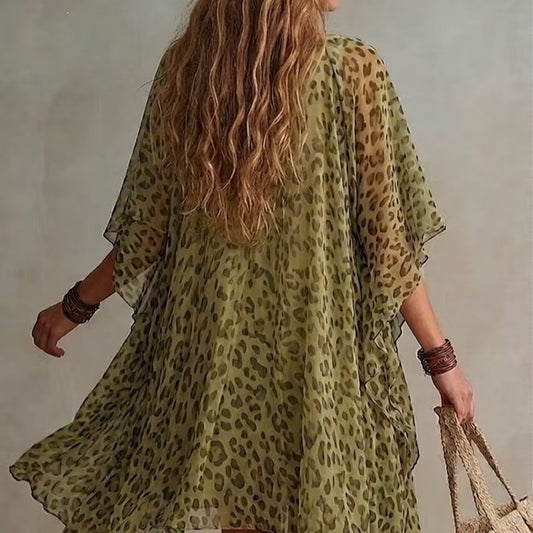 Womens V-Neck Chiffon Dress Leopard Print Beach Dress