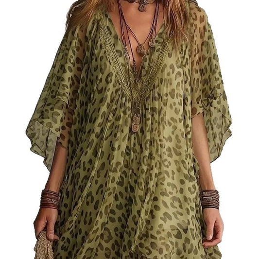 Womens V-Neck Chiffon Dress Leopard Print Beach Dress