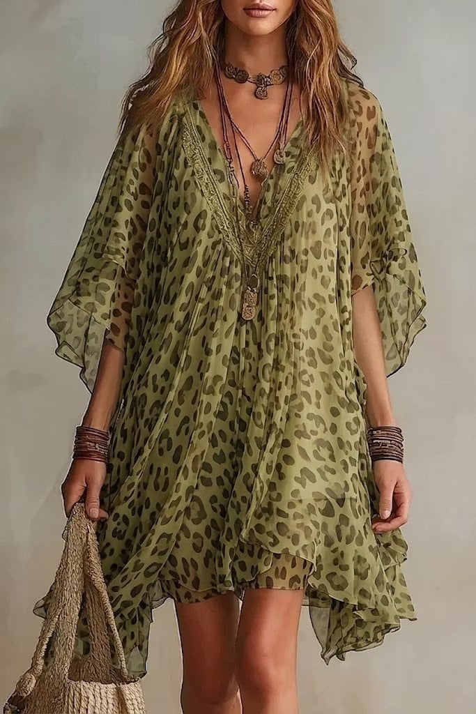 Womens V-Neck Chiffon Dress Leopard Print Beach Dress