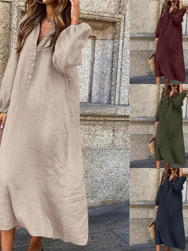 Womens V-Neck Cotton Linen Dress