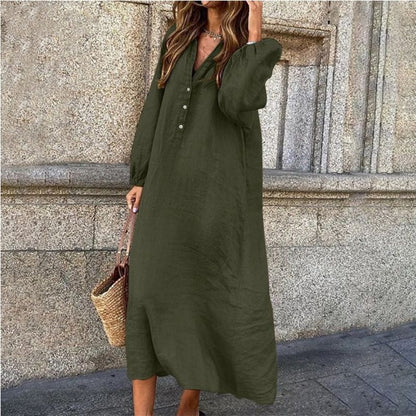 Womens V-Neck Cotton Linen Dress