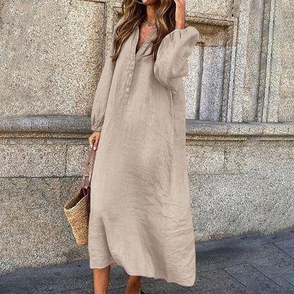 Womens V-Neck Cotton Linen Dress
