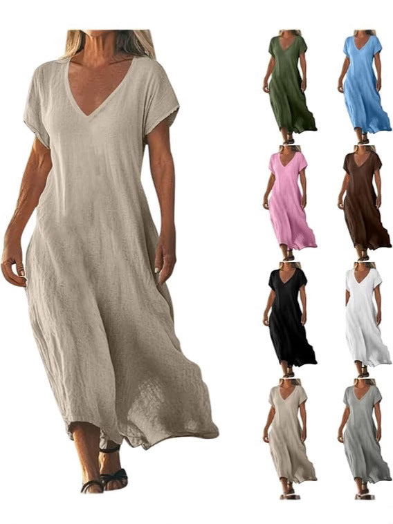 Womens V-neck Cotton Linen Dress