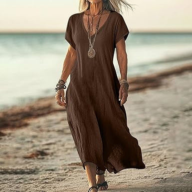 Womens V-neck Cotton Linen Dress