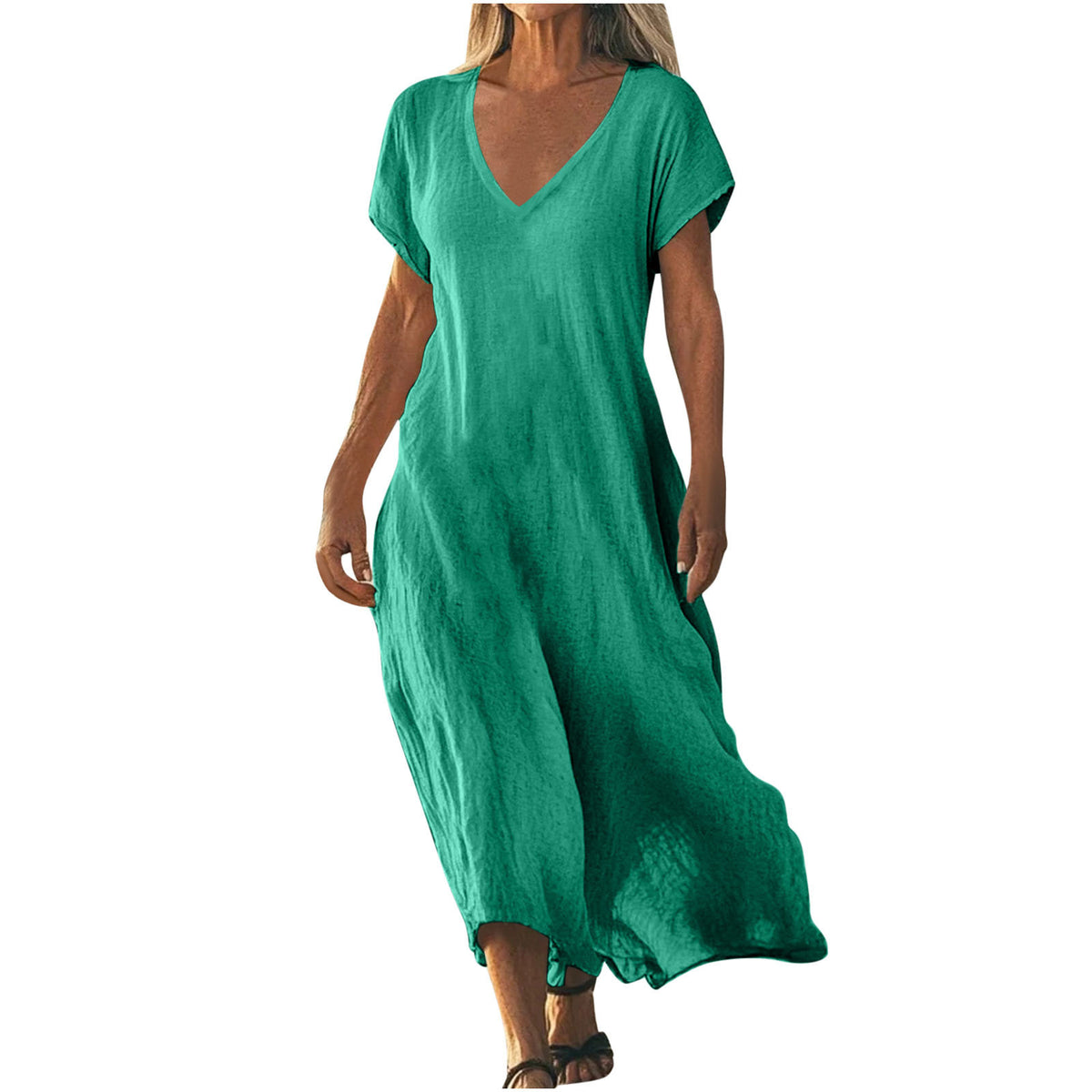 Womens V-neck Cotton Linen Dress