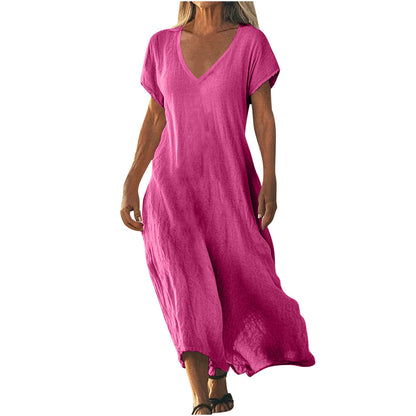 Womens V-neck Cotton Linen Dress