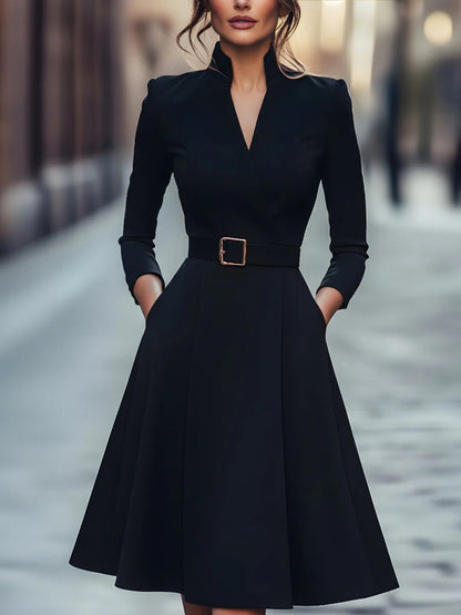 Womens V-Neck Flared Hem Long Sleeve Dress