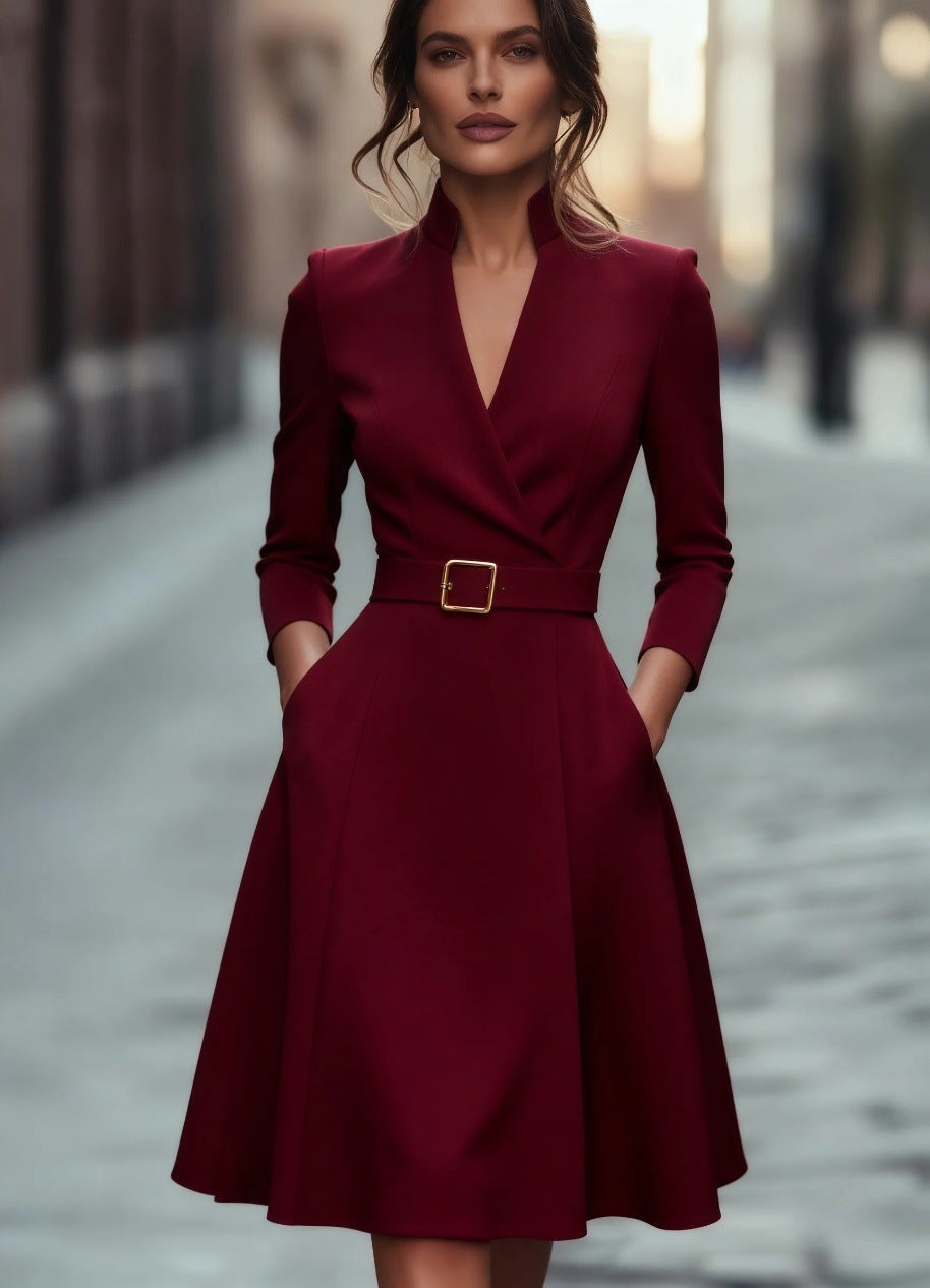 Womens V-Neck Flared Hem Long Sleeve Dress