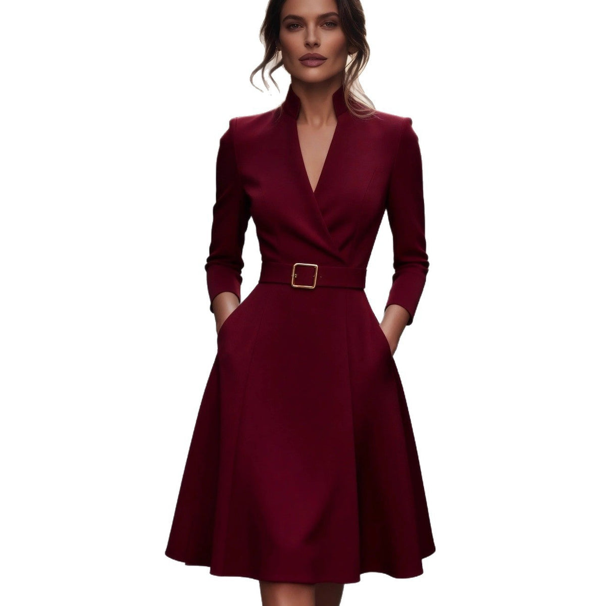 Womens V-Neck Flared Hem Long Sleeve Dress
