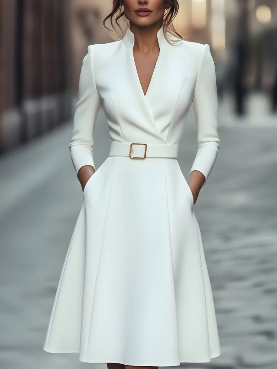 Womens V-Neck Flared Hem Long Sleeve Dress