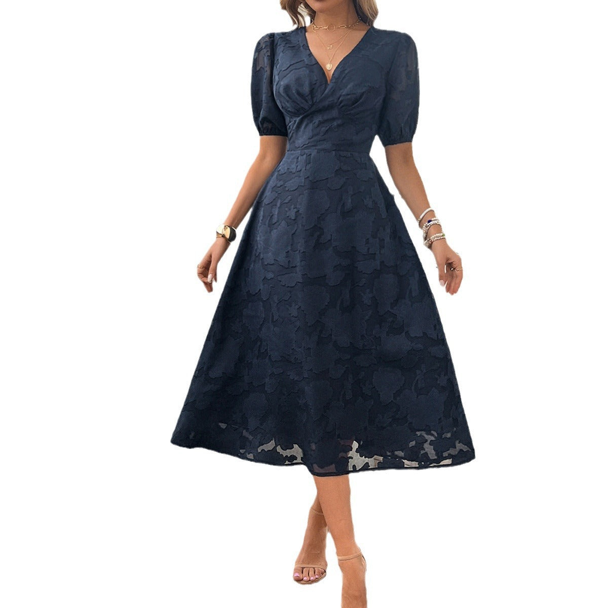 Womens V-Neck High-Waist Floral Dress