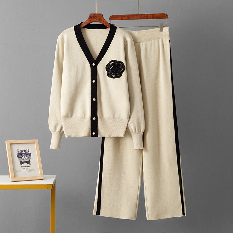 Womens V-Neck Knitted Top and Wide-Leg Pants Set