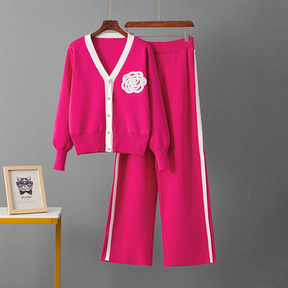 Womens V-Neck Knitted Top and Wide-Leg Pants Set
