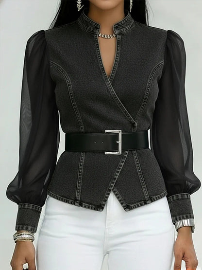Womens V-Neck Lace Long Sleeve Blouse