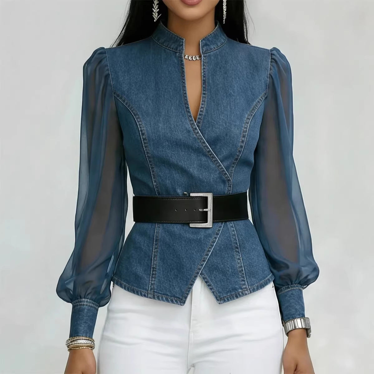 Womens V-Neck Lace Long Sleeve Blouse