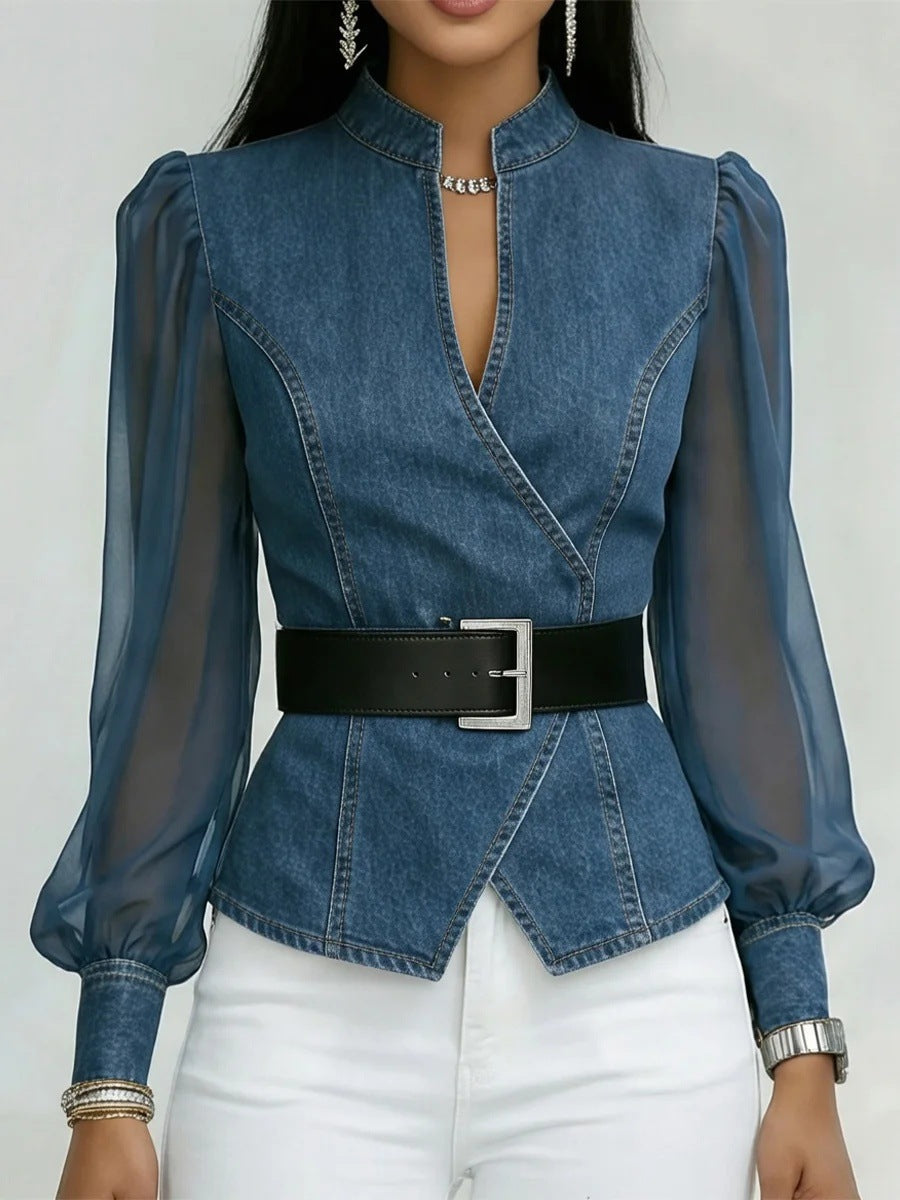 Womens V-Neck Lace Long Sleeve Blouse