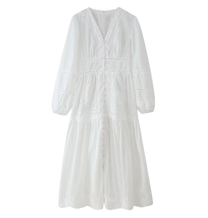 Womens V-Neck Lace Splicing Hollow-out Dress